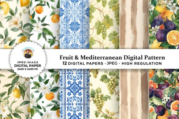12 Fruit Mediterranean Digital Patterns: Versatile Designs for Creative Projects