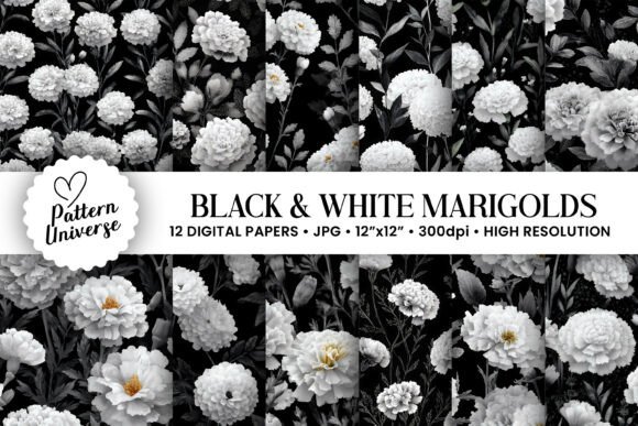 Black and White Marigolds Patterns for Creative Projects