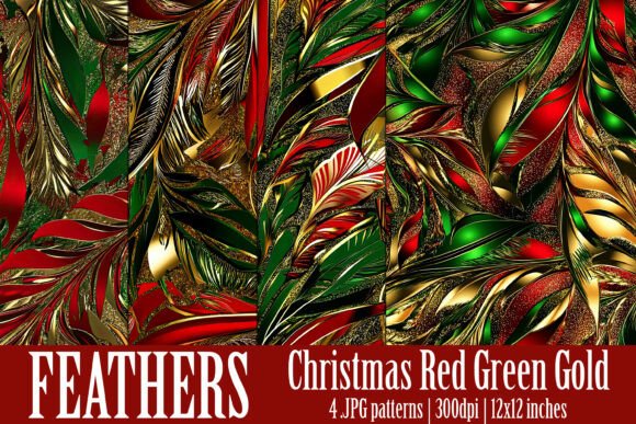 Gold Green Red Feathers Patterns, S11
