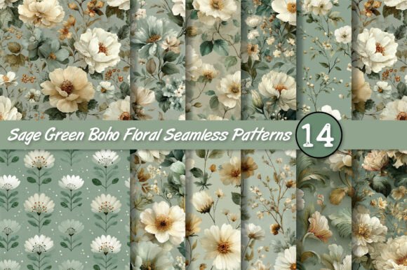 Sage Green Boho Floral Seamless Patterns for Modern Design
