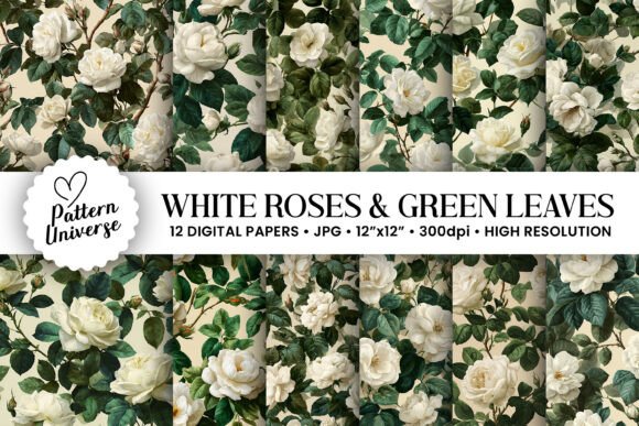 White Roses with Green Leaves Patterns: A Versatile Design for Creative Projects